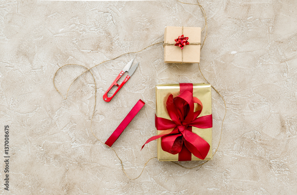 wrapping gifts in box for holiday top view mock up