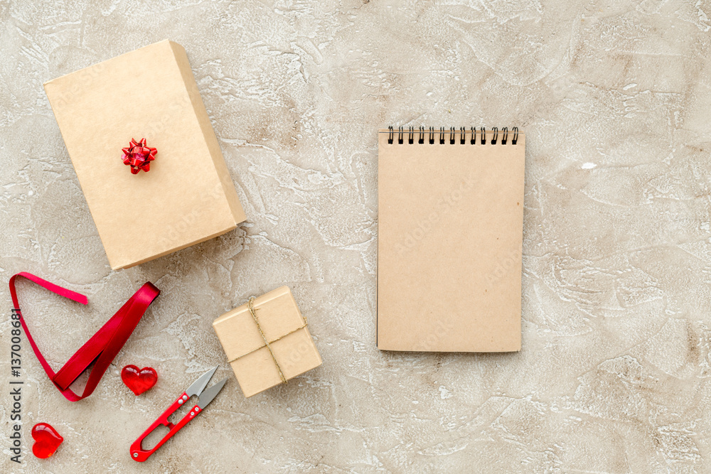 wrapping gifts in box for holiday top view mock up