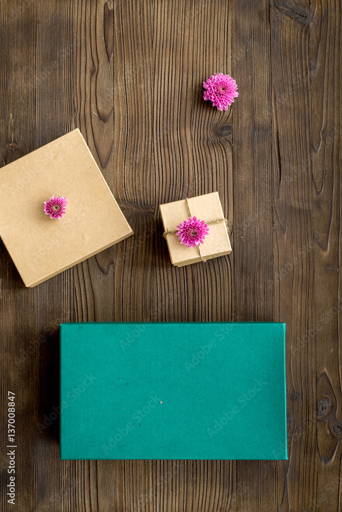 wrapping gifts in box for holiday top view mock up