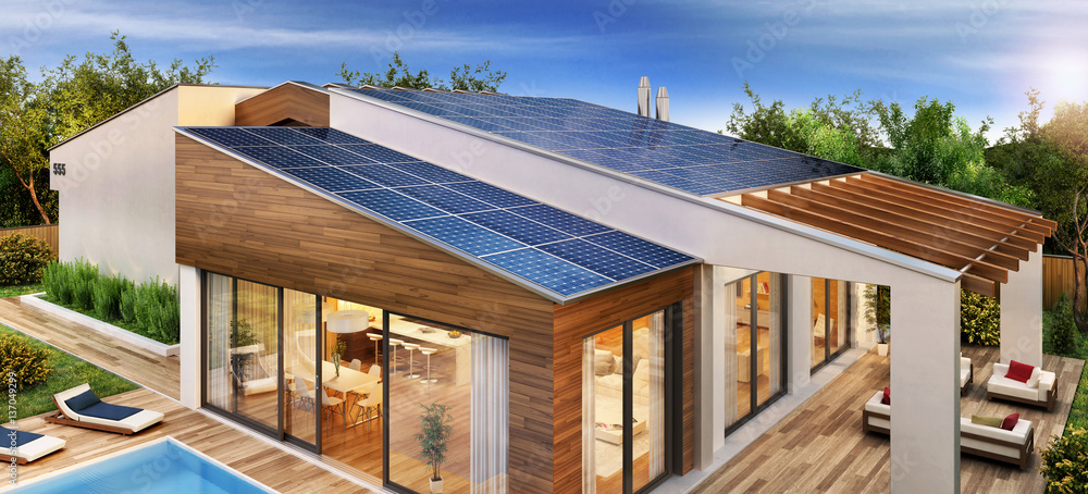 Modern house with solar panels on the roof