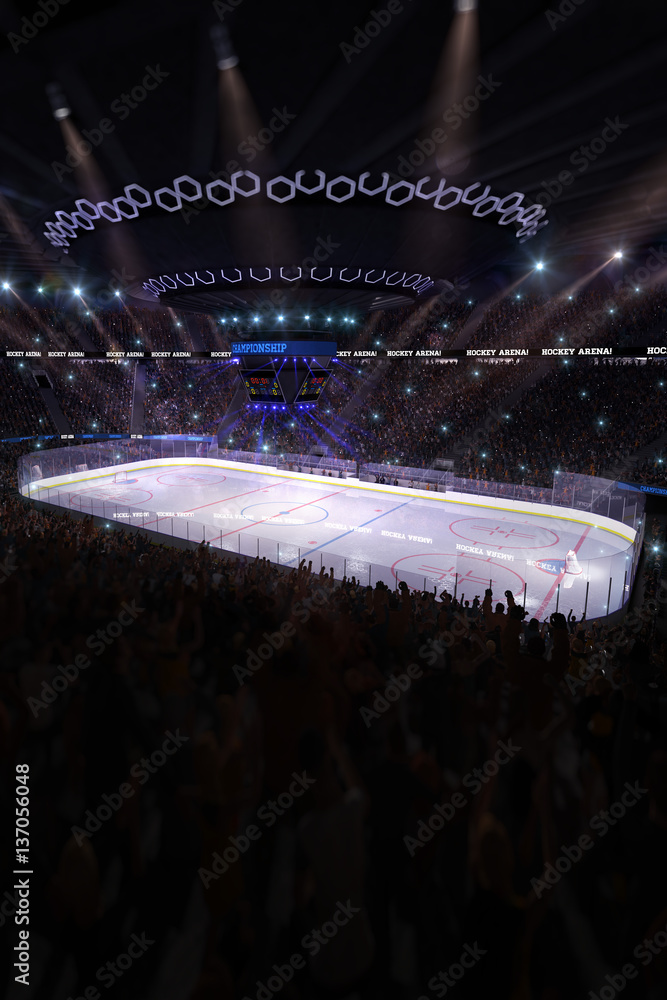 Sport hockey stadium 3d render whith people fans and light