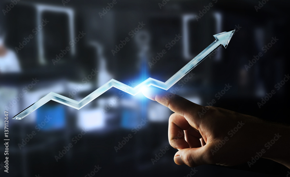 Businessman touching digital blue arrow 3D rendering