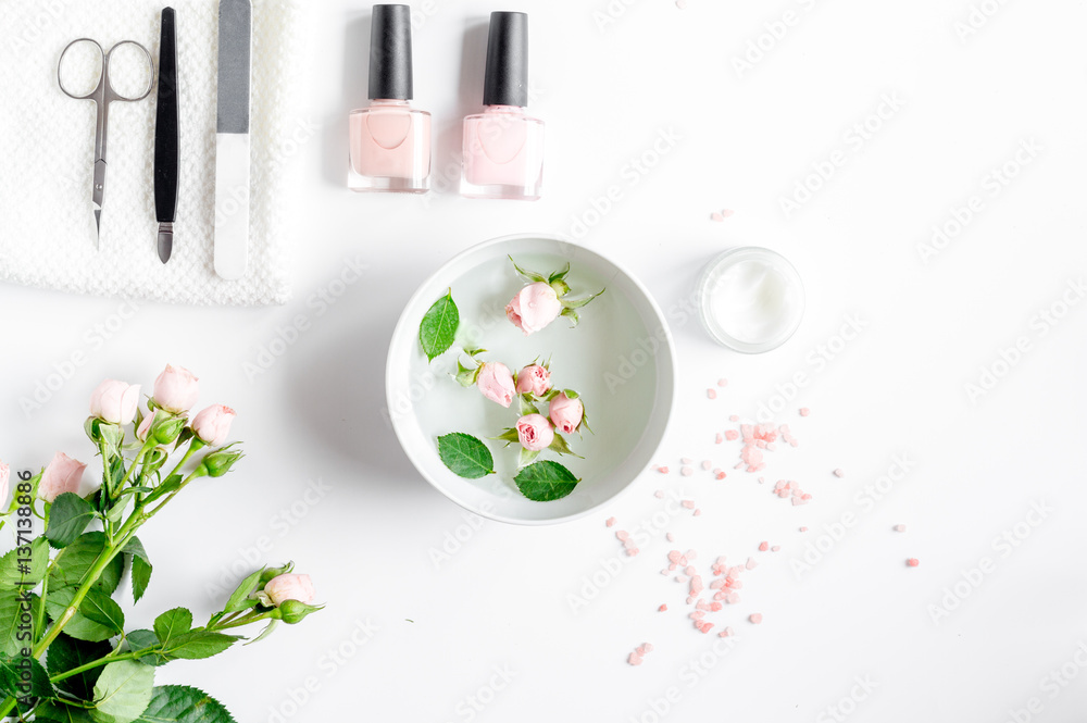 salt and cream for nail care in spa top view