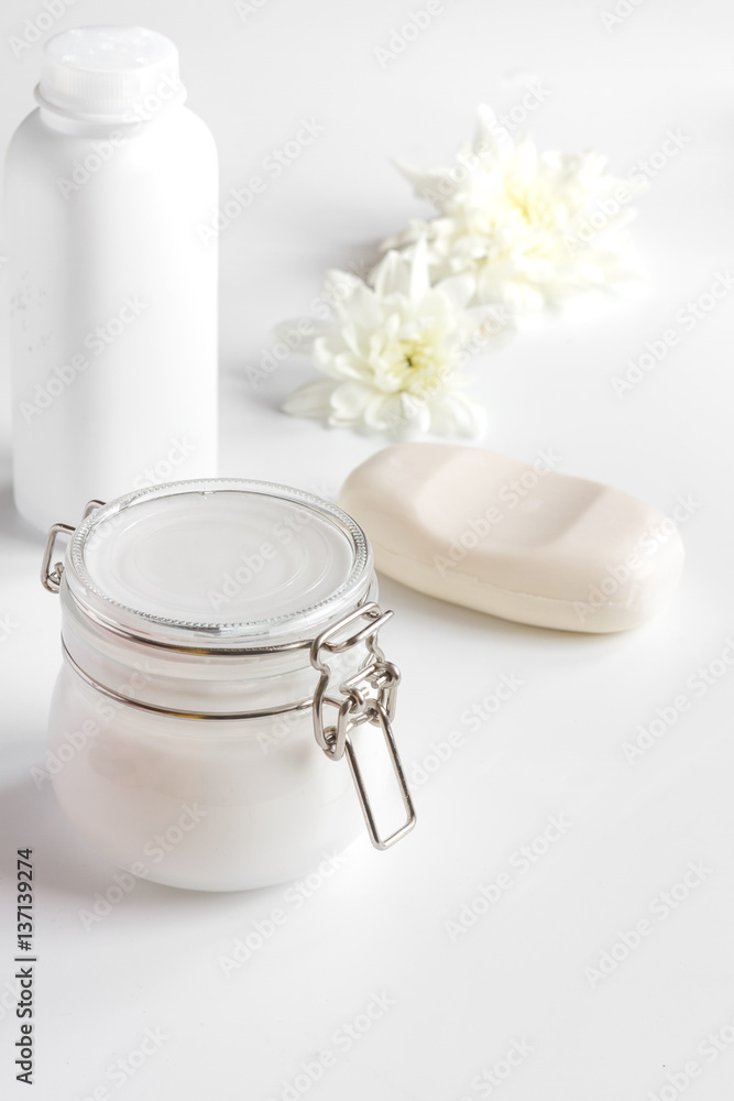 natural organic cosmetics with herbs for baby on white background