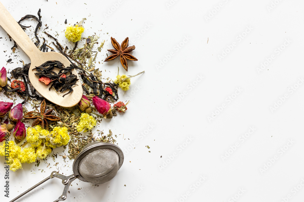 Herbs in spoons on white background top view mock up