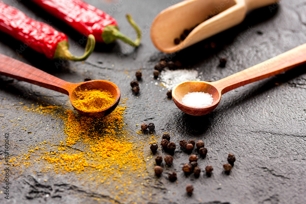 spices in wooden spoon on dark background