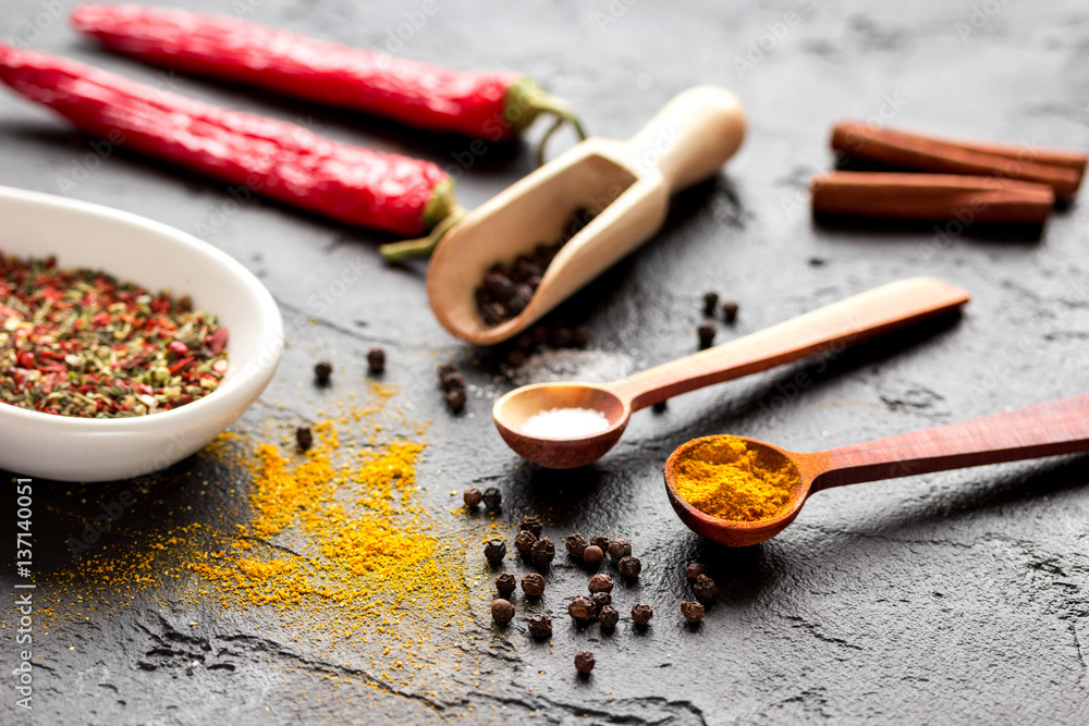 spices in wooden spoon on dark background