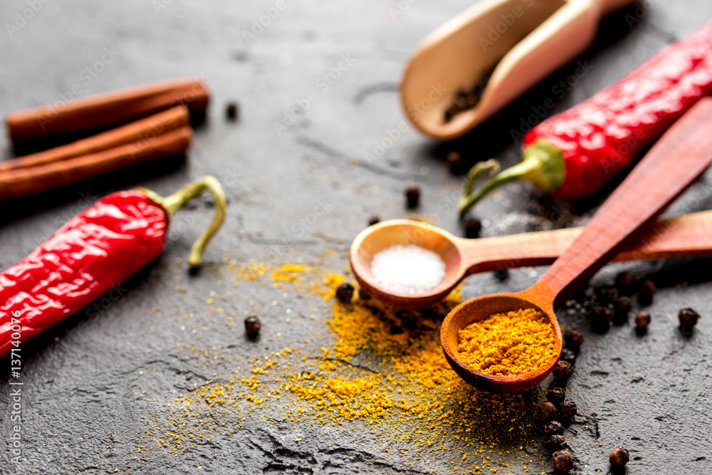 spices in wooden spoon on dark background