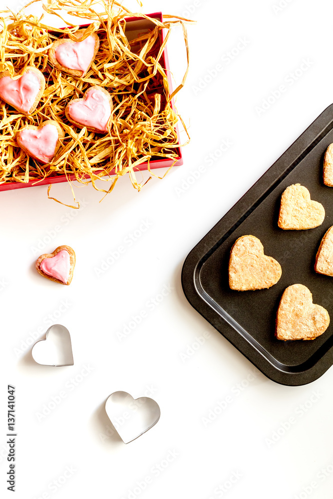 cookies for Valentine Day heartshaped on white background top view