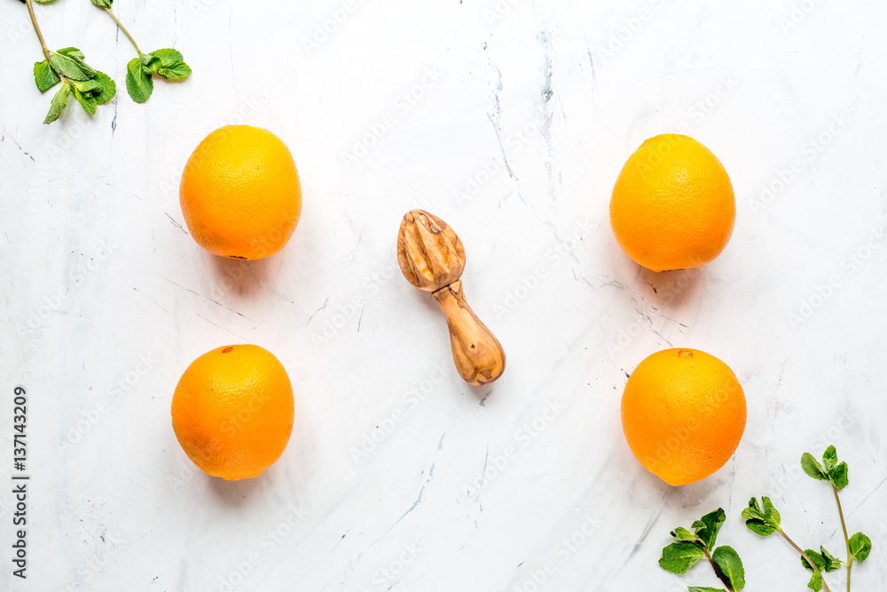 Tasty oranges for cooking smoothie on white background top view mockup