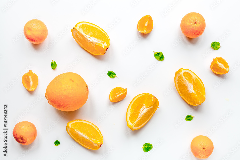 fresh orange fruit on white background top view pattern