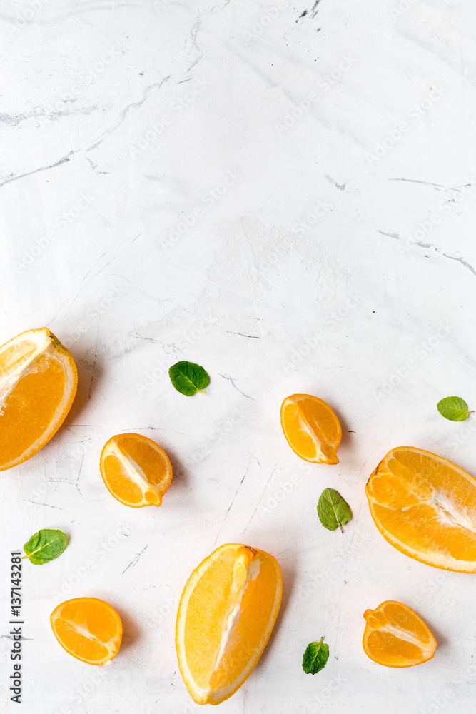 orange slices for juice on white background top view mock up