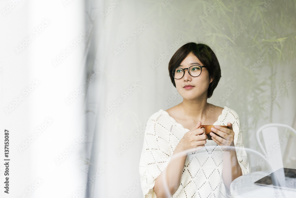 Asian Woman Drinking Tea Relax Concept