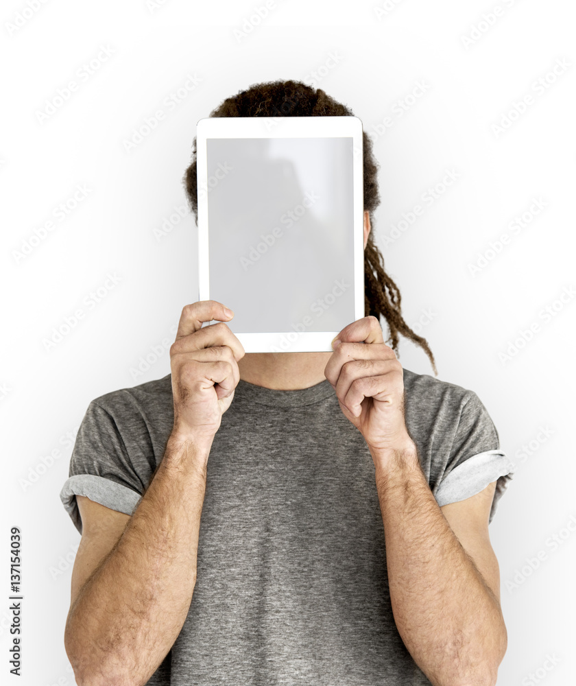 Man Digital Tablet Face Covered Copy Space Technology Concept