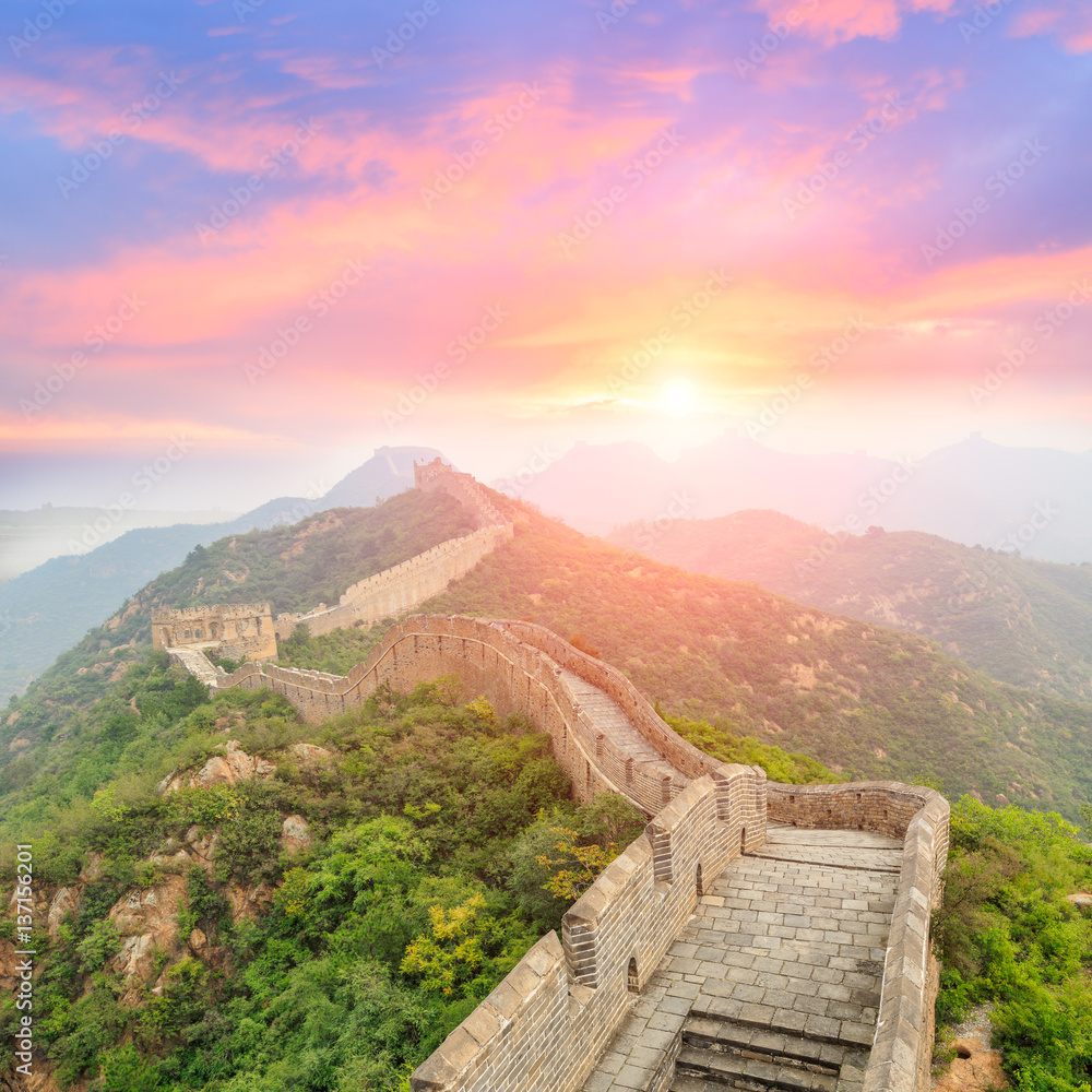 Beautiful and spectacular Great Wall of China at sunset