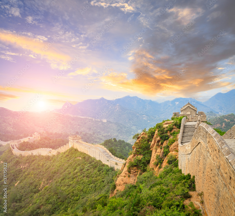 Beautiful and spectacular Great Wall of China at sunset