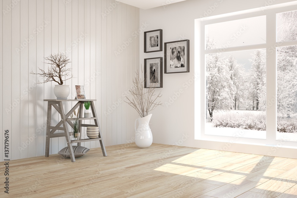 White room with shelf and winter landscape in window. Scandinavian interior design