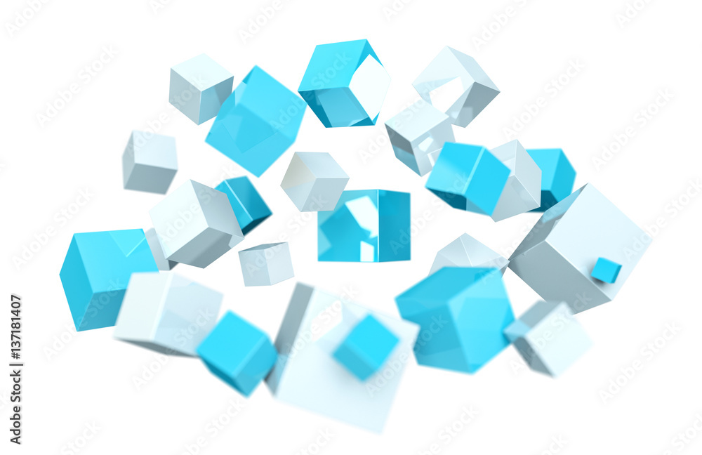 Floating blue and white shiny cube 3D rendering