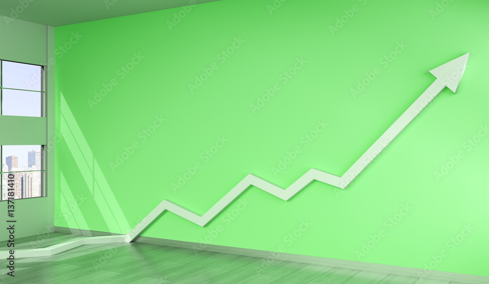 White arrow going up on green wall 3D rendering