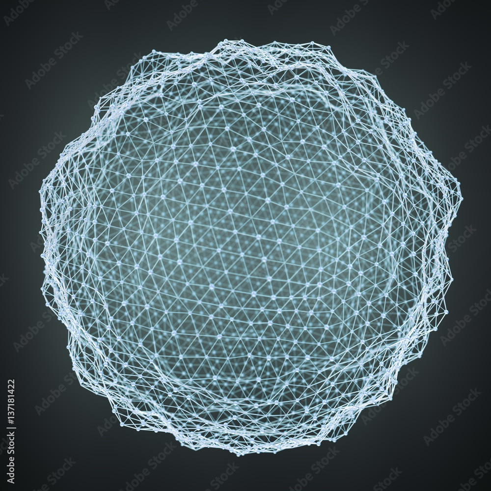 Floating white and blue glowing sphere network 3D rendering