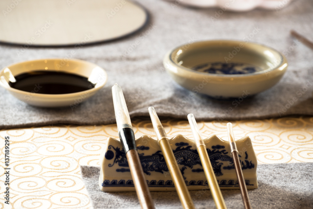 chinese calligraphy tools on table