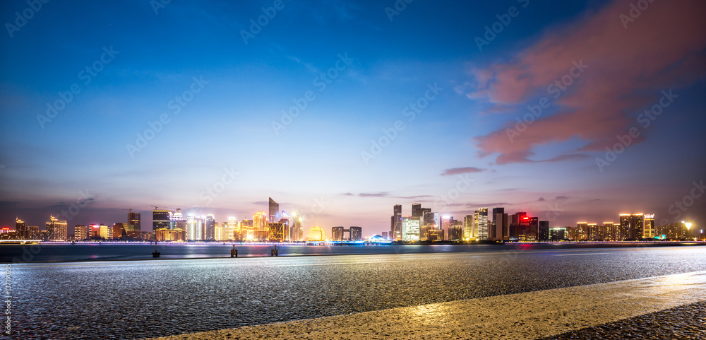 cityscpae and skyline of hangzhou new city from empty road