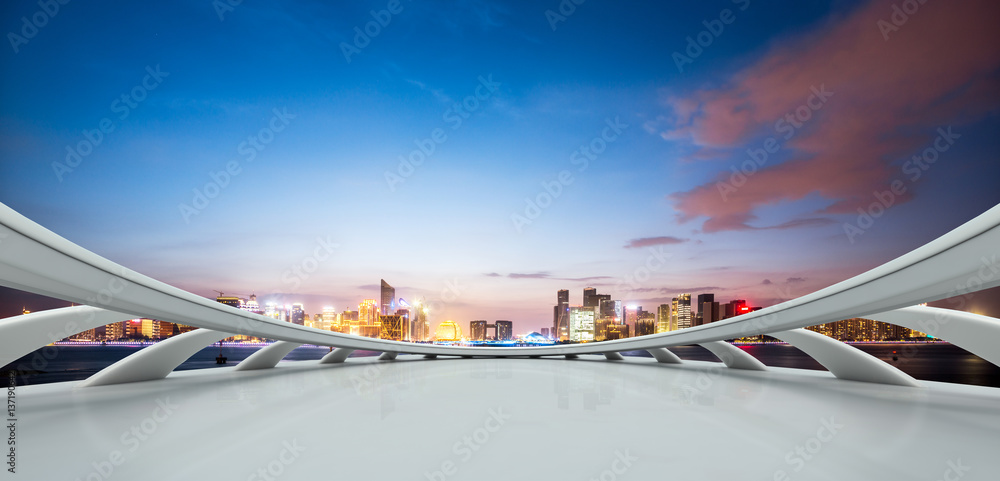 cityscpae and skyline of hangzhou new city from empty floor