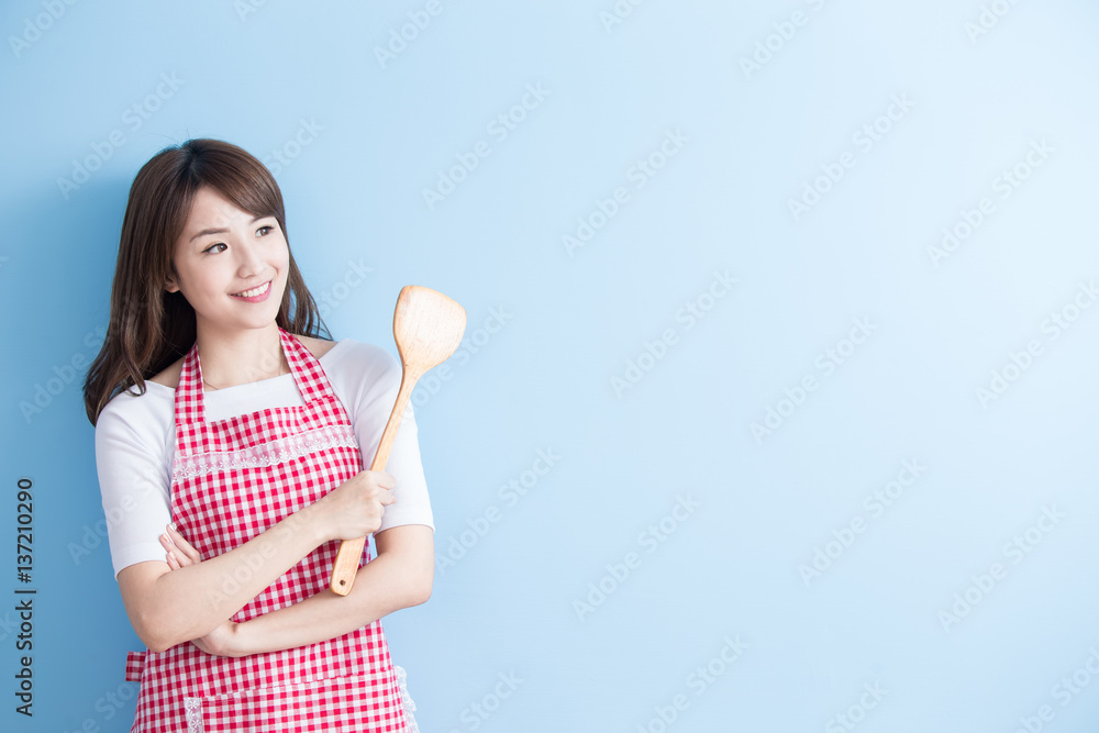 beauty housewife take rice spoon