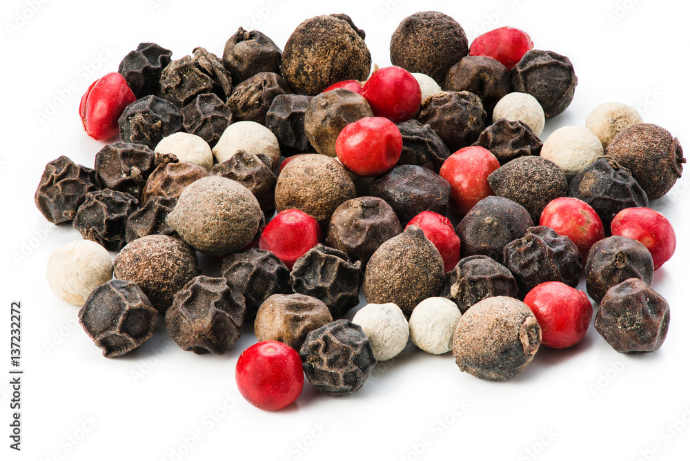 Mix of different peppers balls isolated on white background. Macro. Close up. Perfect quality.