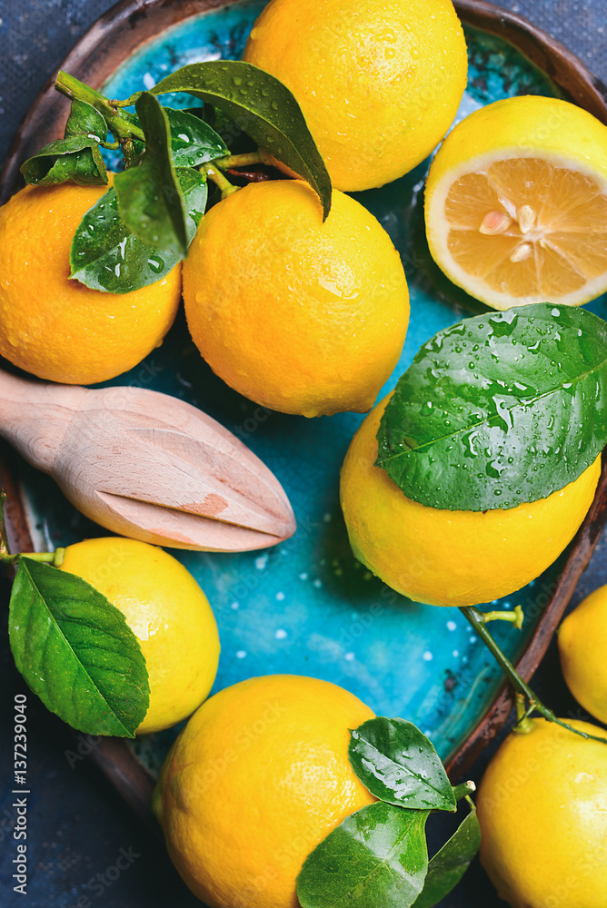 Close-up of freshly picked wet lemons with leaves in bright blue ceramic plate, top view, vertical c