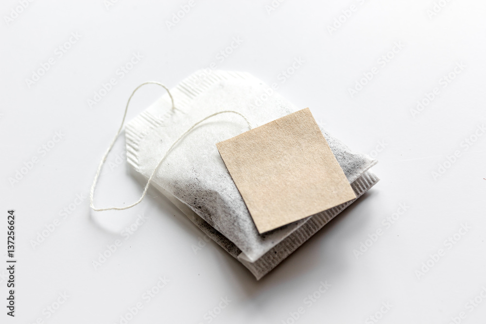 Close up lable of teabag on white background mock-up