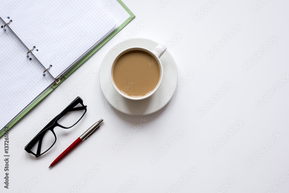 Business lunch with coffee on white table top view