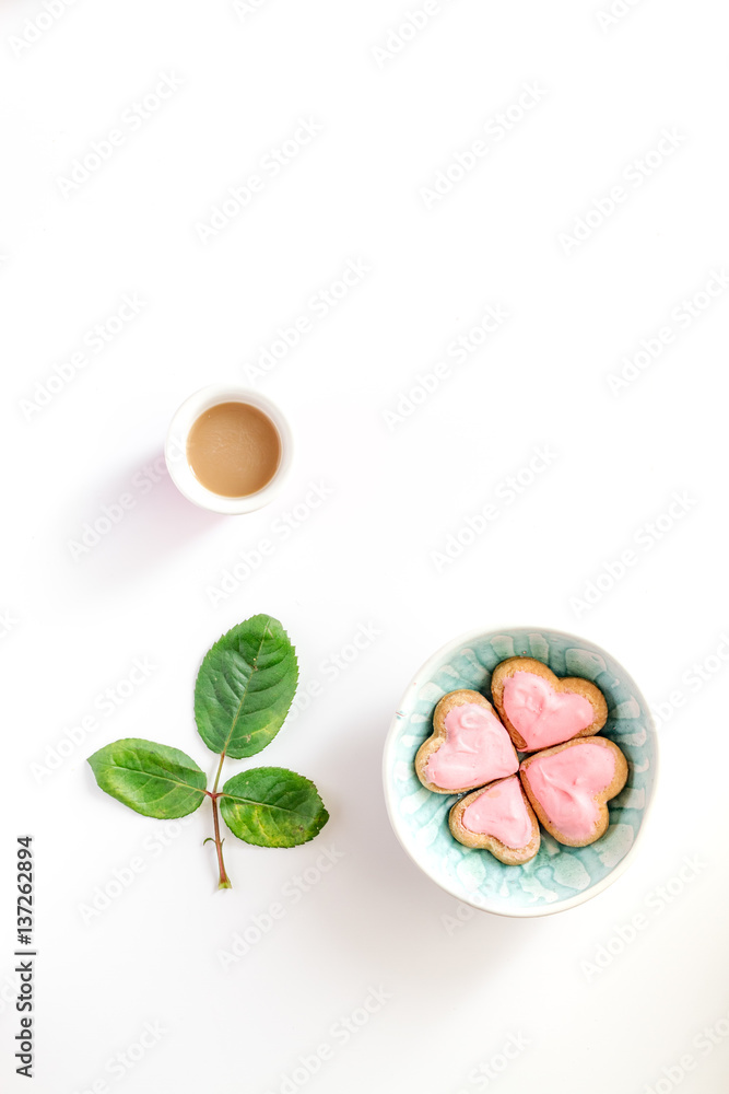 cookies for Valentine Day heartshaped white background top view pattern