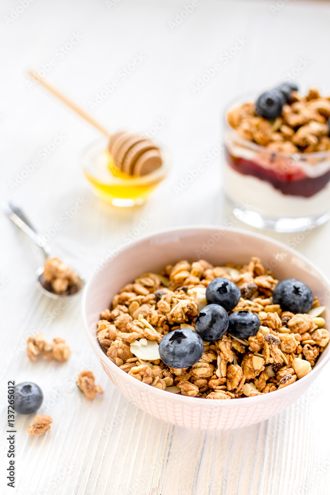 Healthy morning with granola breakfast on white kitchen table