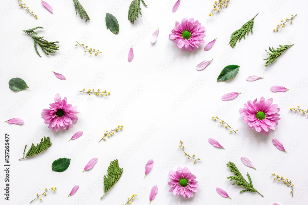 Froral pattern on white table background top view mockup