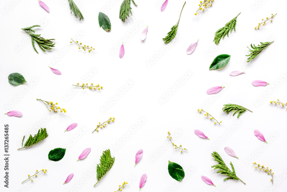 Froral pattern on white table background top view mockup