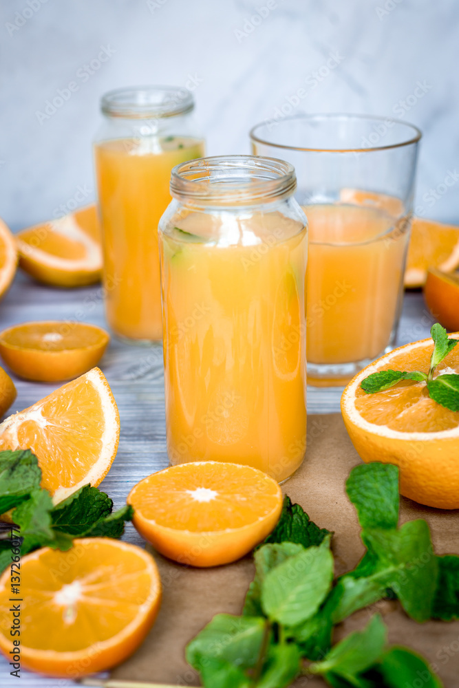 healthy morning with orange juice in bottle on kitchen background