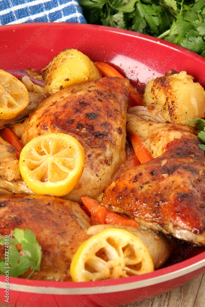 Roasted organic free range Chicken dinner with vegetables. 