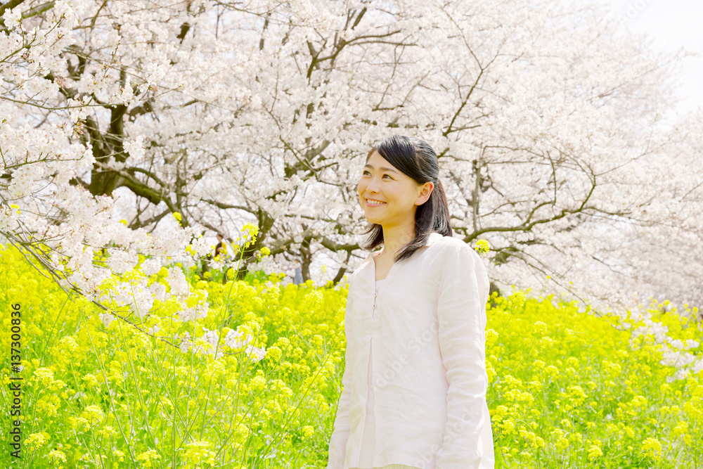 女性　桜と菜の花