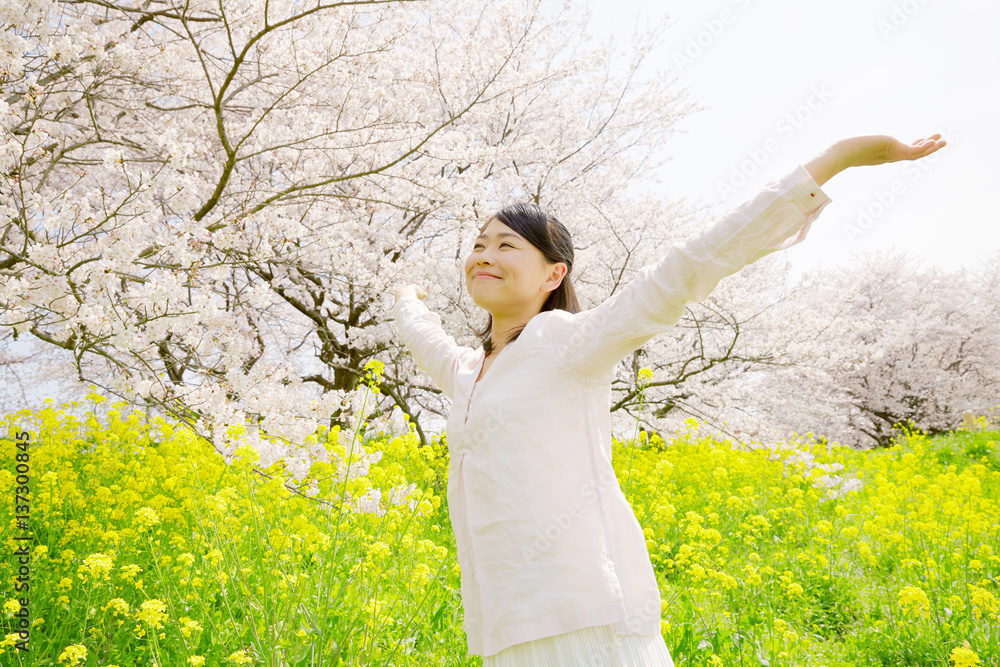 女性　桜と菜の花