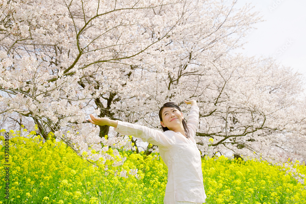 女性　桜と菜の花