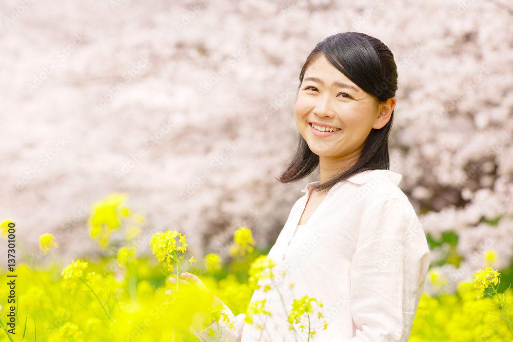 女性　桜と菜の花