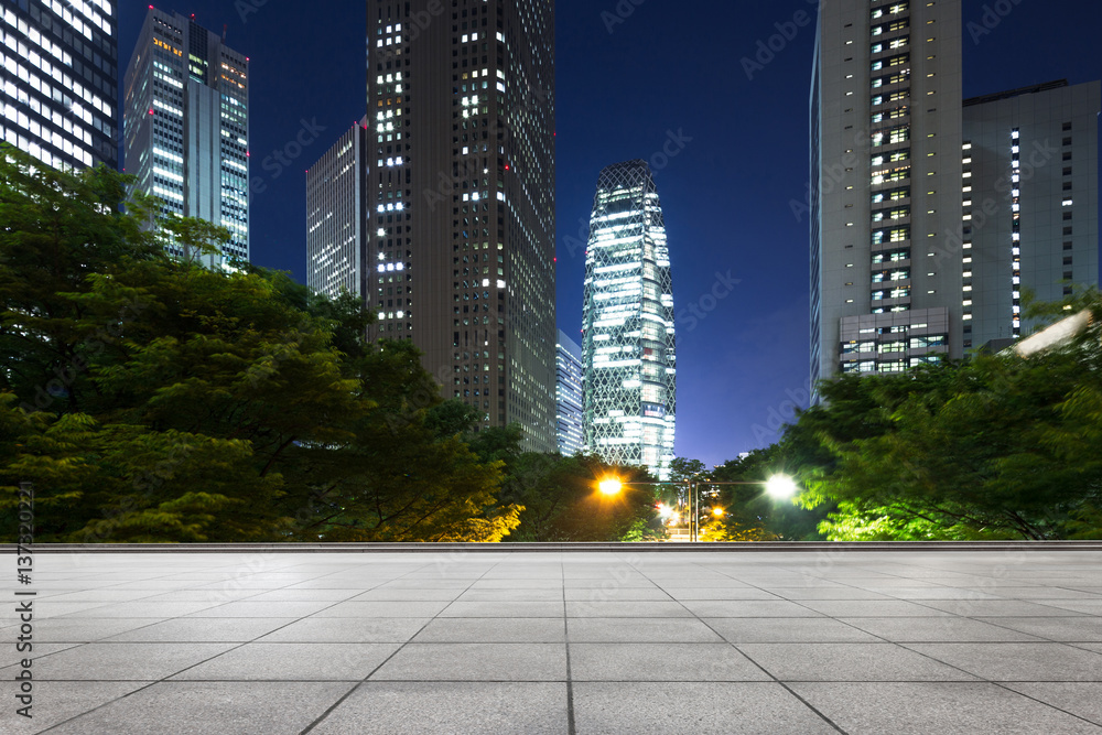 empty floor and modern buildings in tokyo