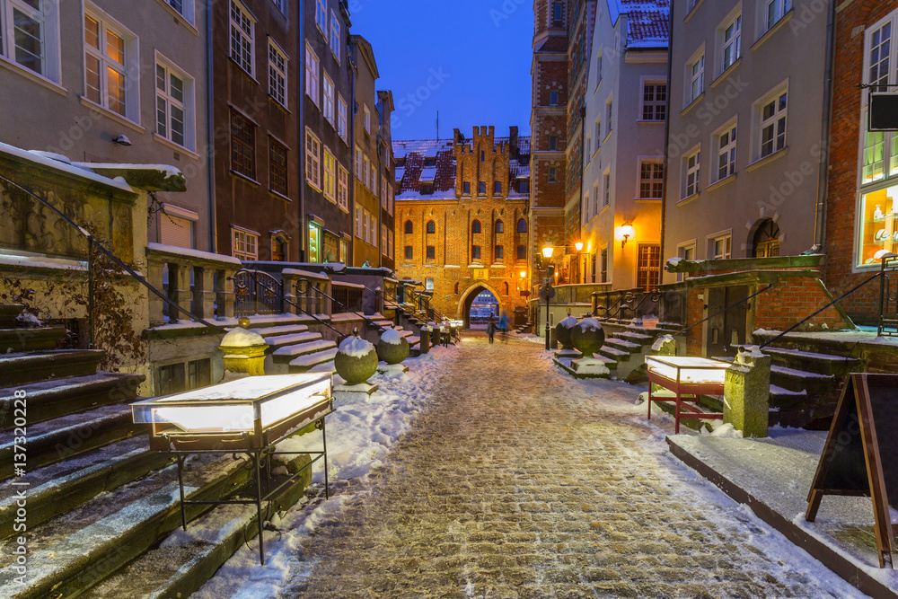 Mariacka street in Gdansk at snowy winter, Poland