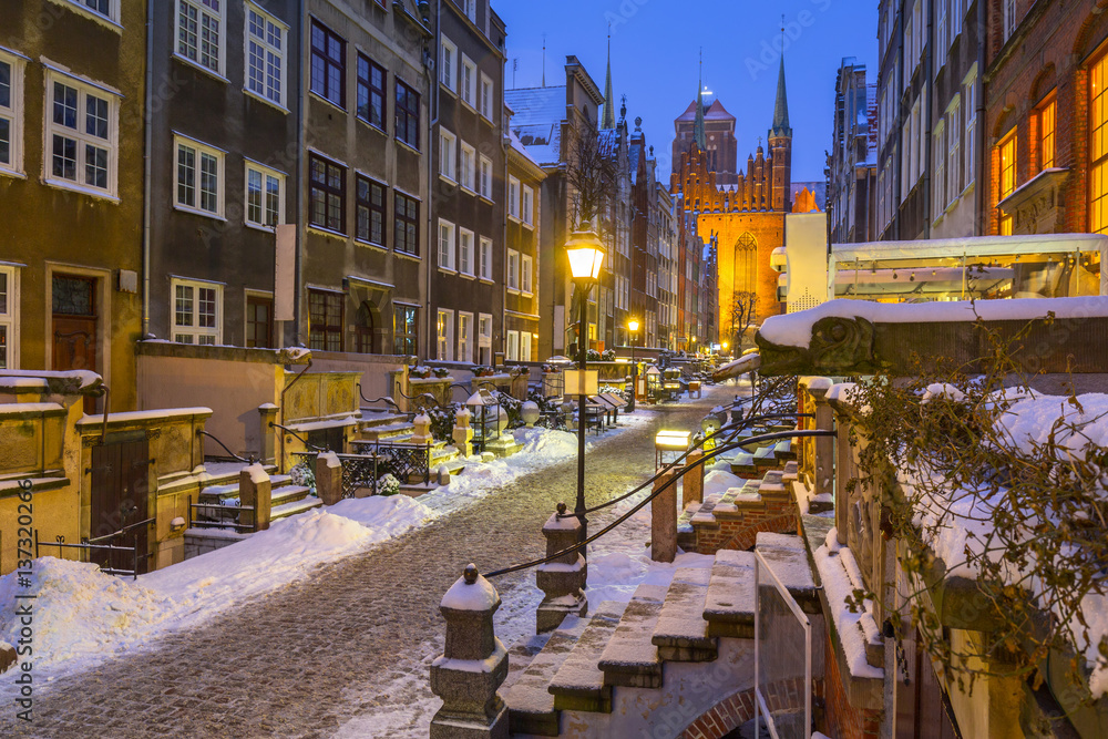 Mariacka street in Gdansk at snowy winter, Poland