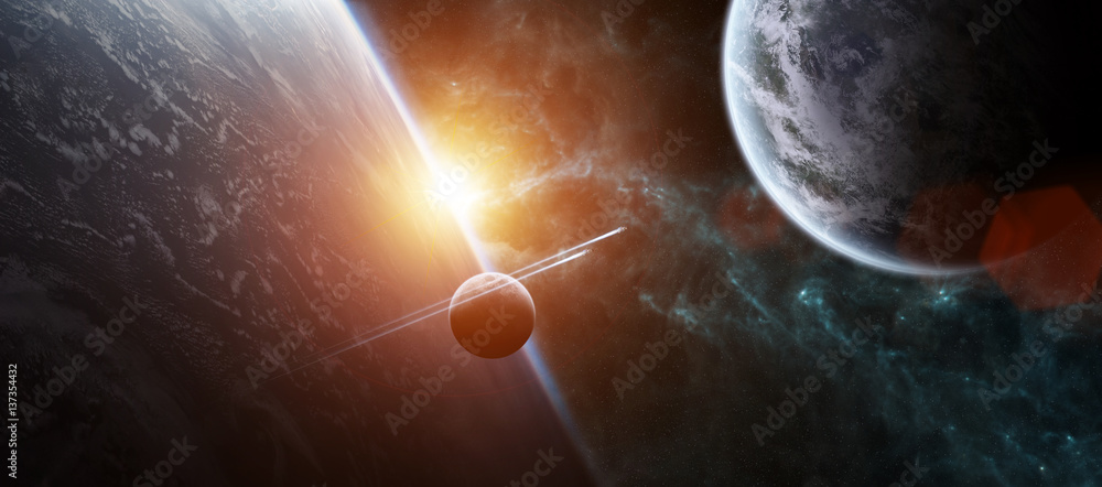 Sunrise over distant planet system in space 3D rendering elements of this image furnished by NASA