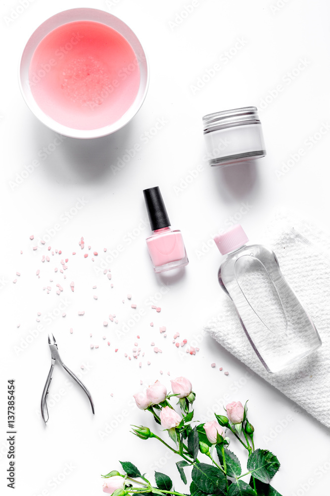 oil and cream for nail care in spa top view