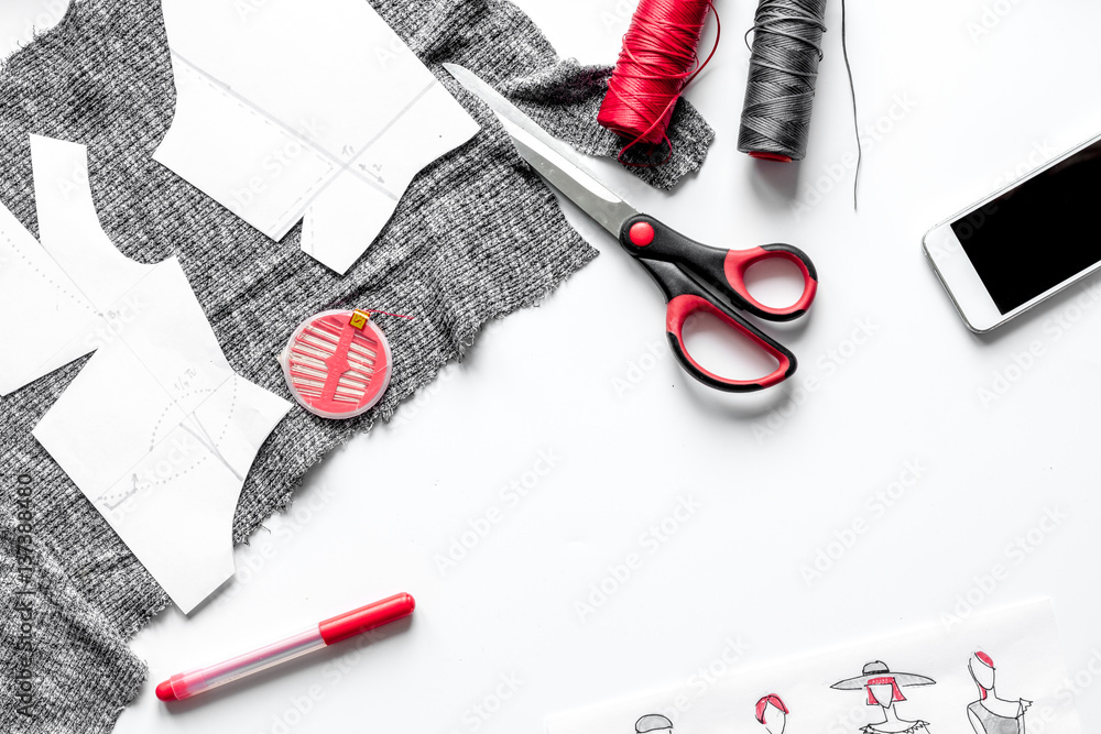 desktop designer clothes with tools top view mock up