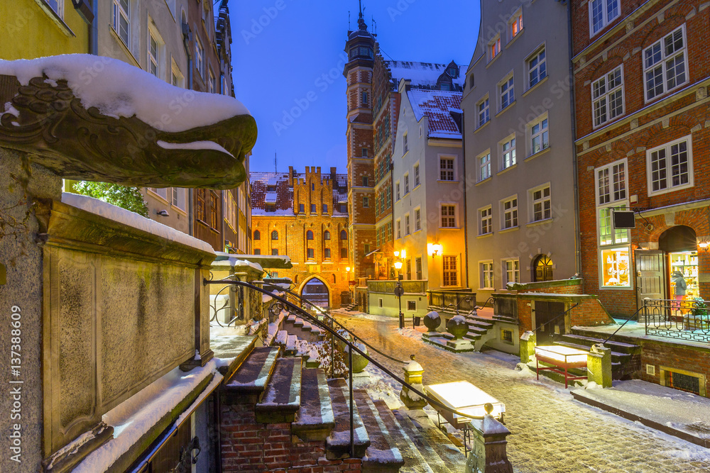 Mariacka street in Gdansk at snowy winter, Poland