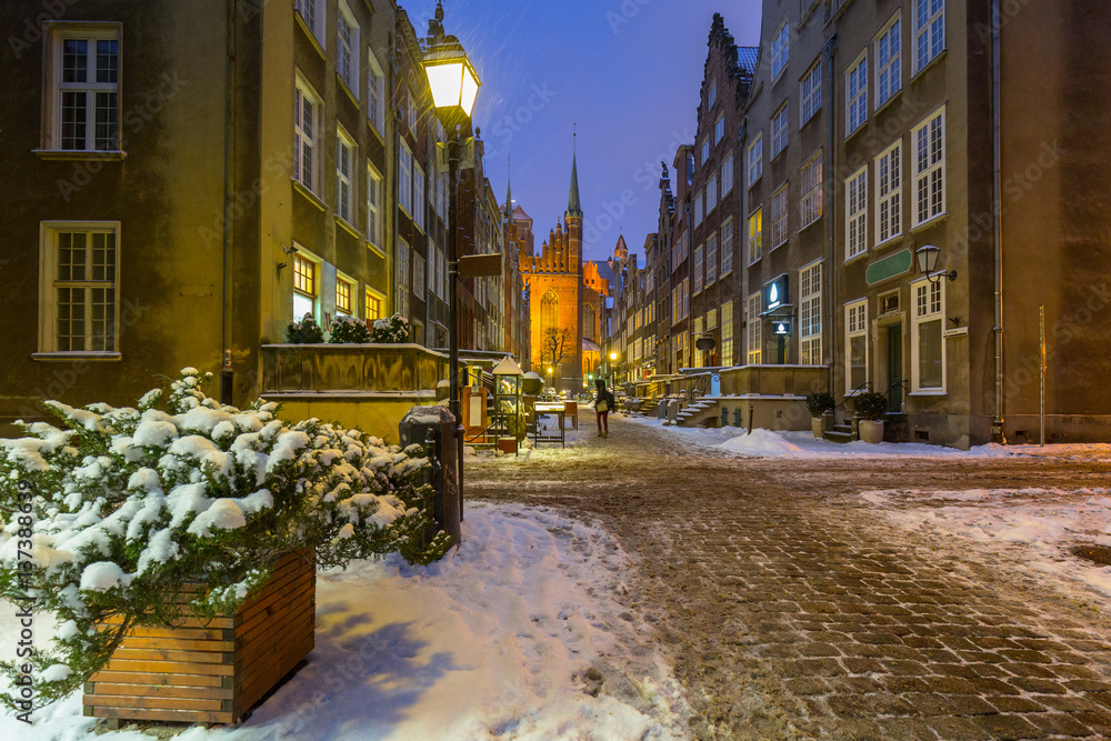 Mariacka street in Gdansk at snowy winter, Poland